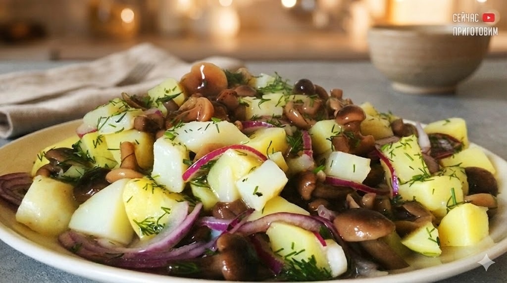Вкусное постное решение: салат-минутка с опятами и картошкой
